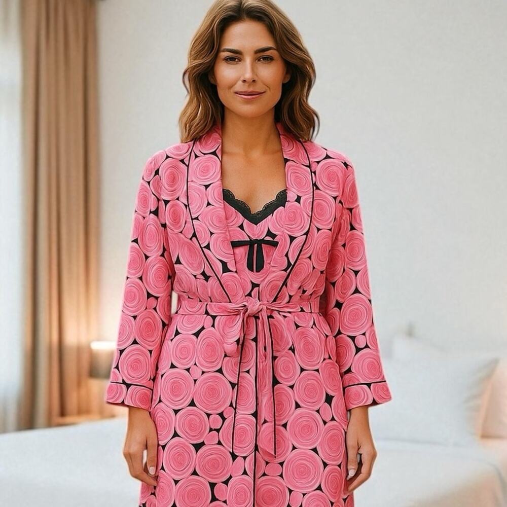 Nick and Nora Silk Chemise and Robe Set‎ Pink Rose Size S/M